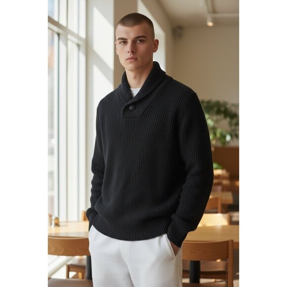 Levi's Sweater Mens Medium Black Shawl Collar Lambswool Knit Pullover Ribbed - Picture 1 of 10